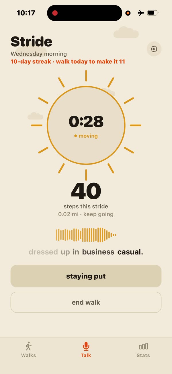 A walk in progress: the timer, 40 steps, and the words appearing as they are spoken