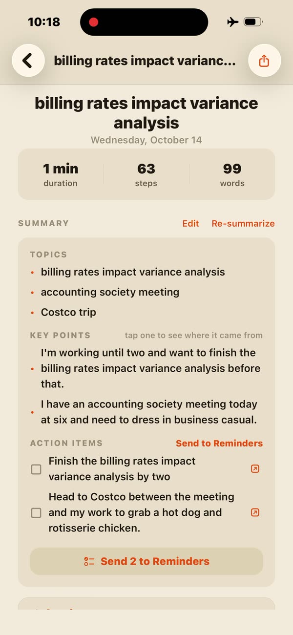 A finished summary with topics, key points and two to-dos ready to send to Reminders