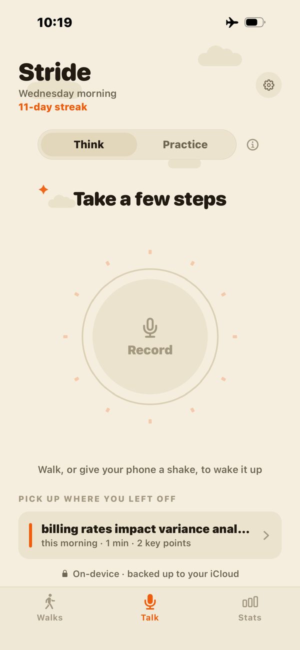Stride waiting for you to start walking, the sun dimmed and the Record button greyed out